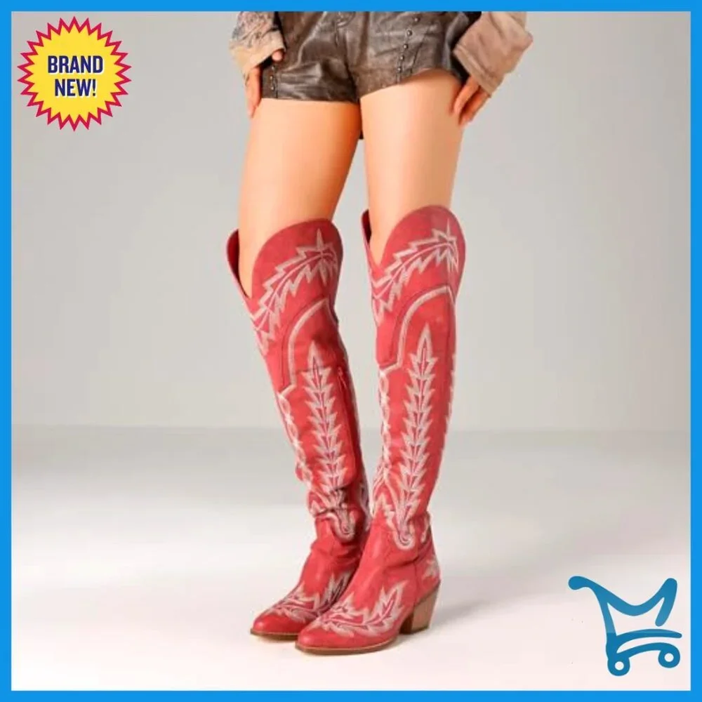 Thigh High Cowboy Boots Pointed Toe Chunky Heel Side Zip Western